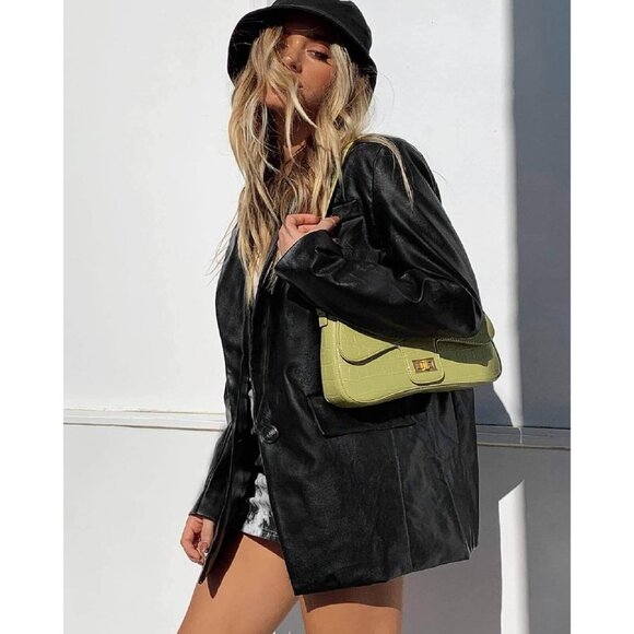 ✨Women Black Jacket Long Sleeve Faux Leather Blazer Button Down Shacket Coats - Picture 2 of 5